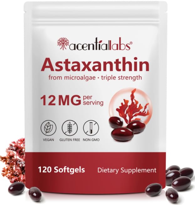 AIQIUSHA Astaxanthin suppléments 12mg avec huile de coco, 120 Softgels, 4 mois d'approvisionnement