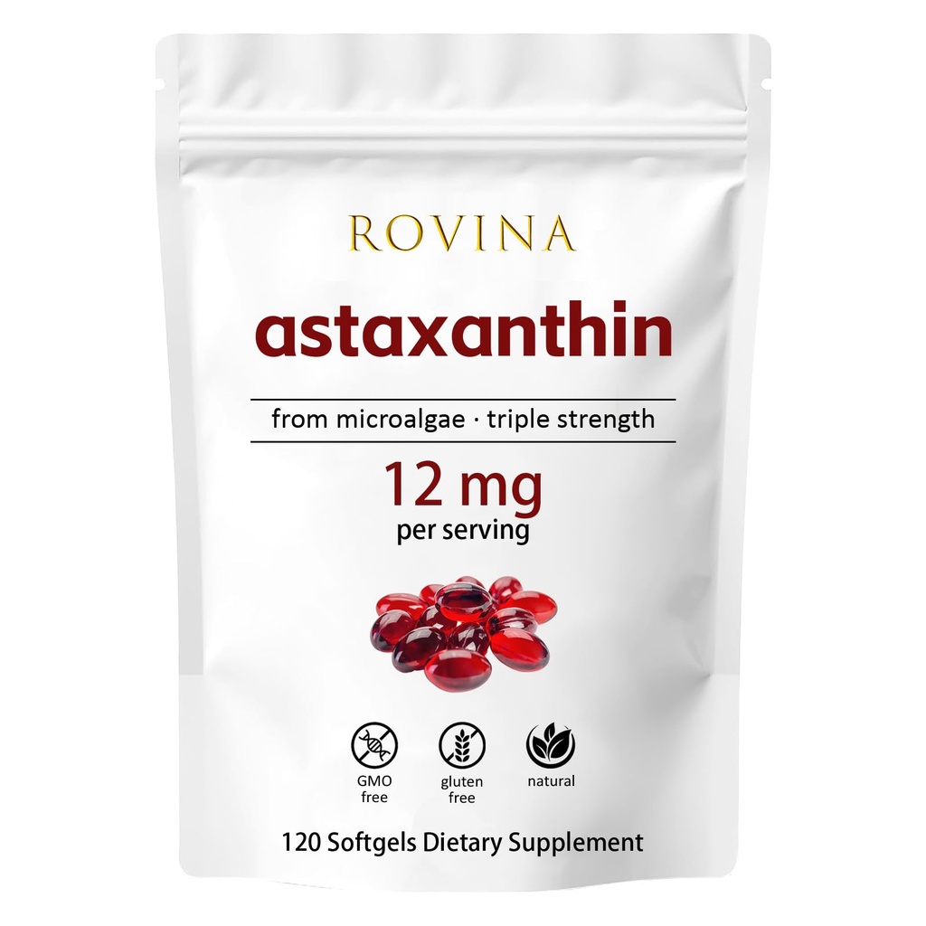 Rovina Astaxanthin 12mg Softgels • Leistungsstarkes natürliches Antioxidans zur Unterstützung von Augenkomfort, Haut Vitalität und Immungesundheit • Glutenfrei • 120 Graine