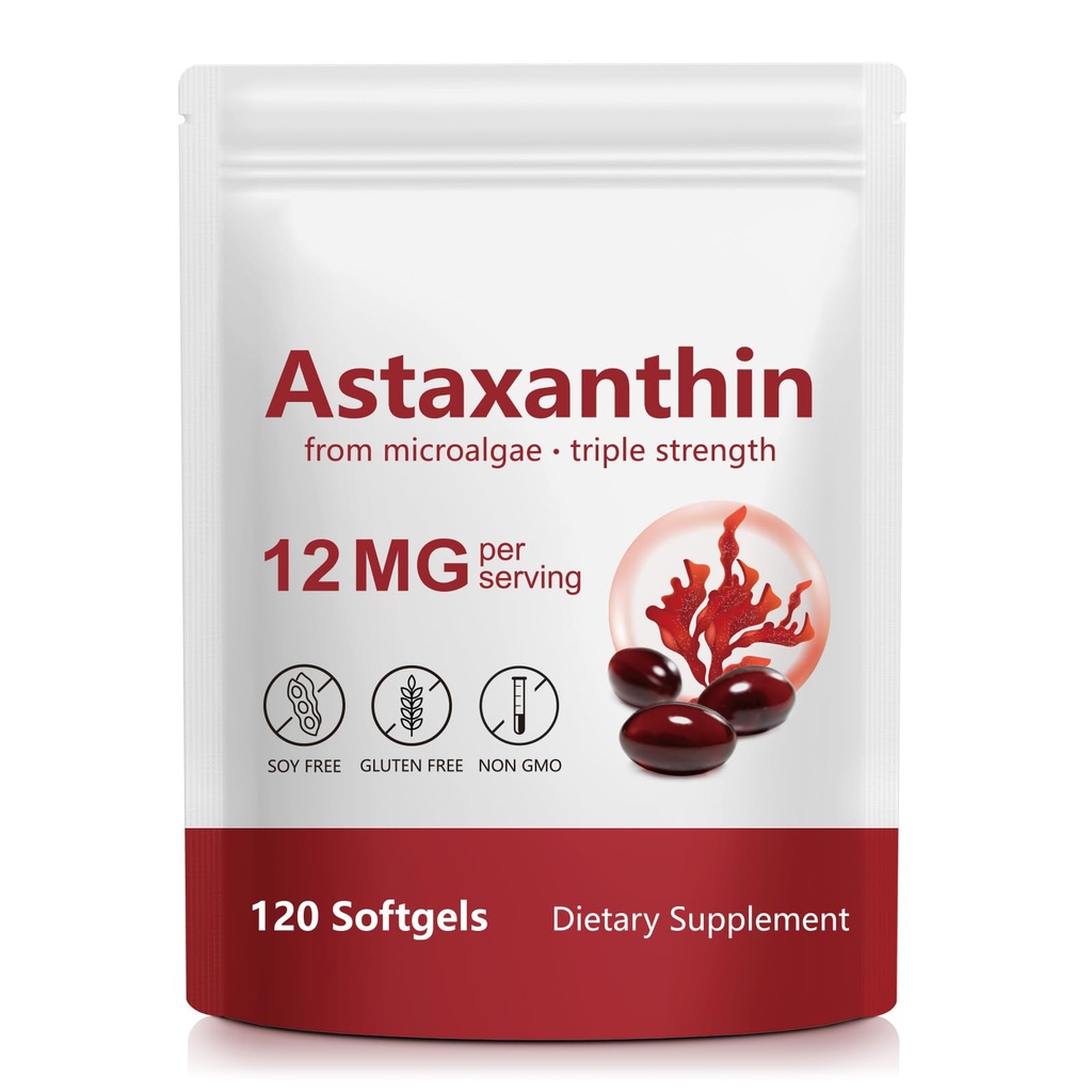 Astaxanthin-Ergänzungen 12mg, Premium Astaxanthin Antioxidantien-Ergänzungen, Unterstützungsauge, Gehirn, Gelenk, Hautgesundheit, 4 Monate Versorgung, 120 Softgels, leicht zu schlucken, nicht-GMO