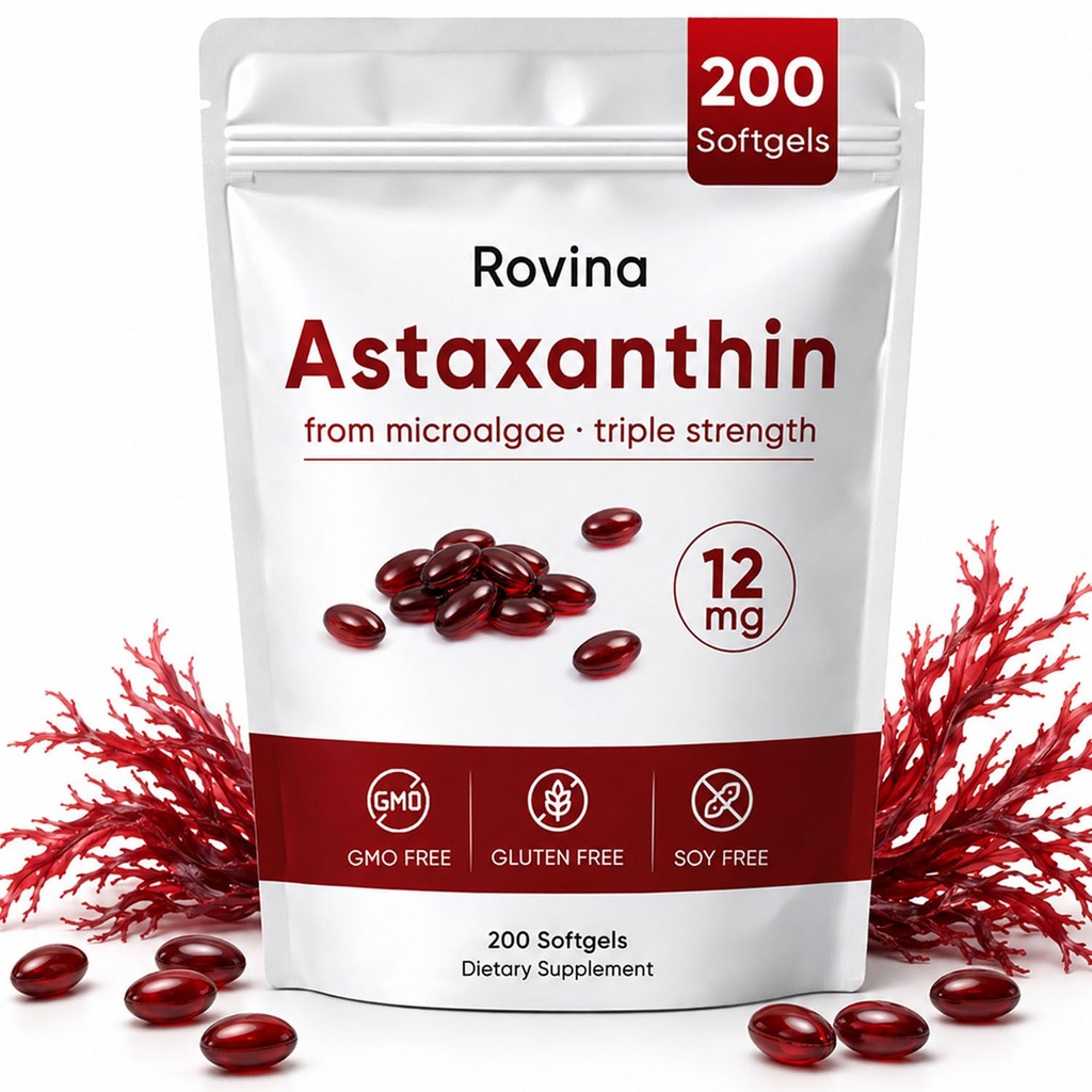 ROVINA Astaxanthine 12mg Softgels, supplément antioxydant prend en charge les yeux, la peau, l'immunité, l'articulation, la circulation interne, sans OGM et sans gluten - 200 Softgels