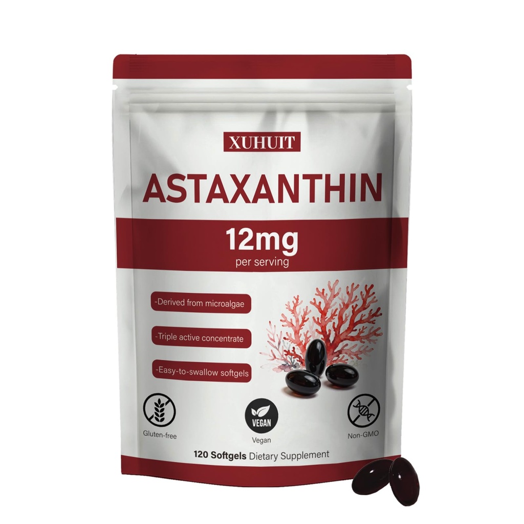 Astaxantina Supplemento 12mg, 120 Softgels | Antiossidante Naturale Premium Astaxantina da Microalgae | Alta resistenza, Non OGM, Gluten e Soy Formula gratuita (1)