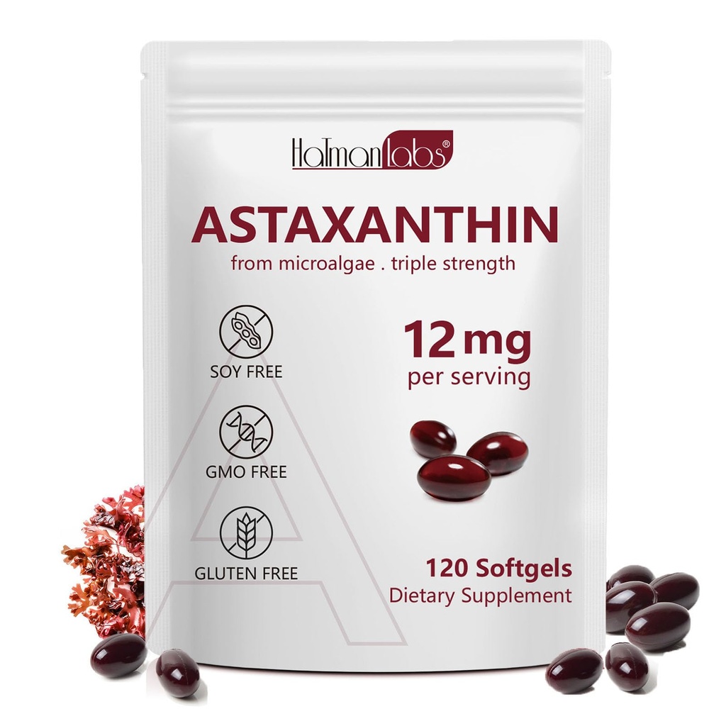 Daiasns Astaxanthine 12mg, Astaxanthine Antioxydant suppléments soutient la circulation oculaire, articulaire, interne et la santé de la peau - non-OGM,120 Softgels - 4 mois d'approvisionnement