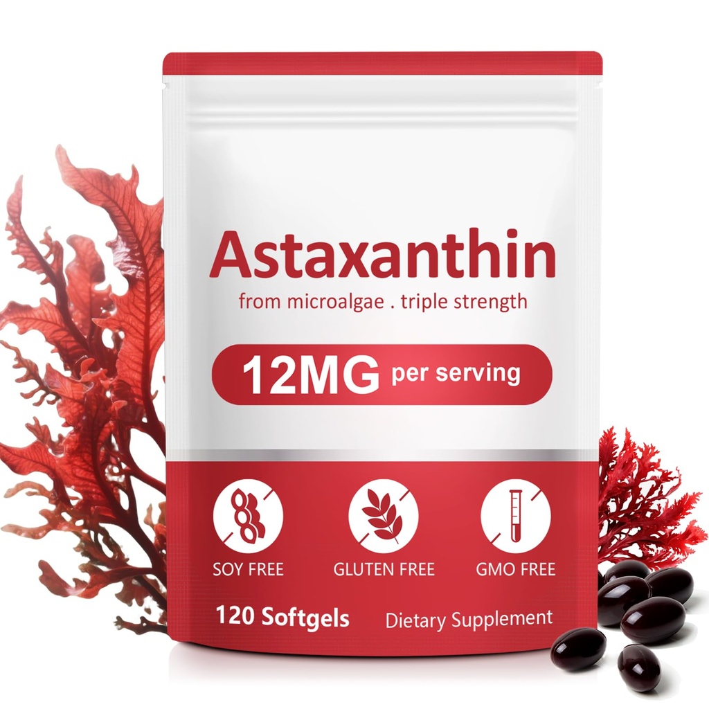 Integratori di astaxantina, 12mg Astaxantina naturale anti-invecchiamento Formula - Supporta occhi, Joint, Interno Circolazione & Skin Health, Non-Gluten OGM