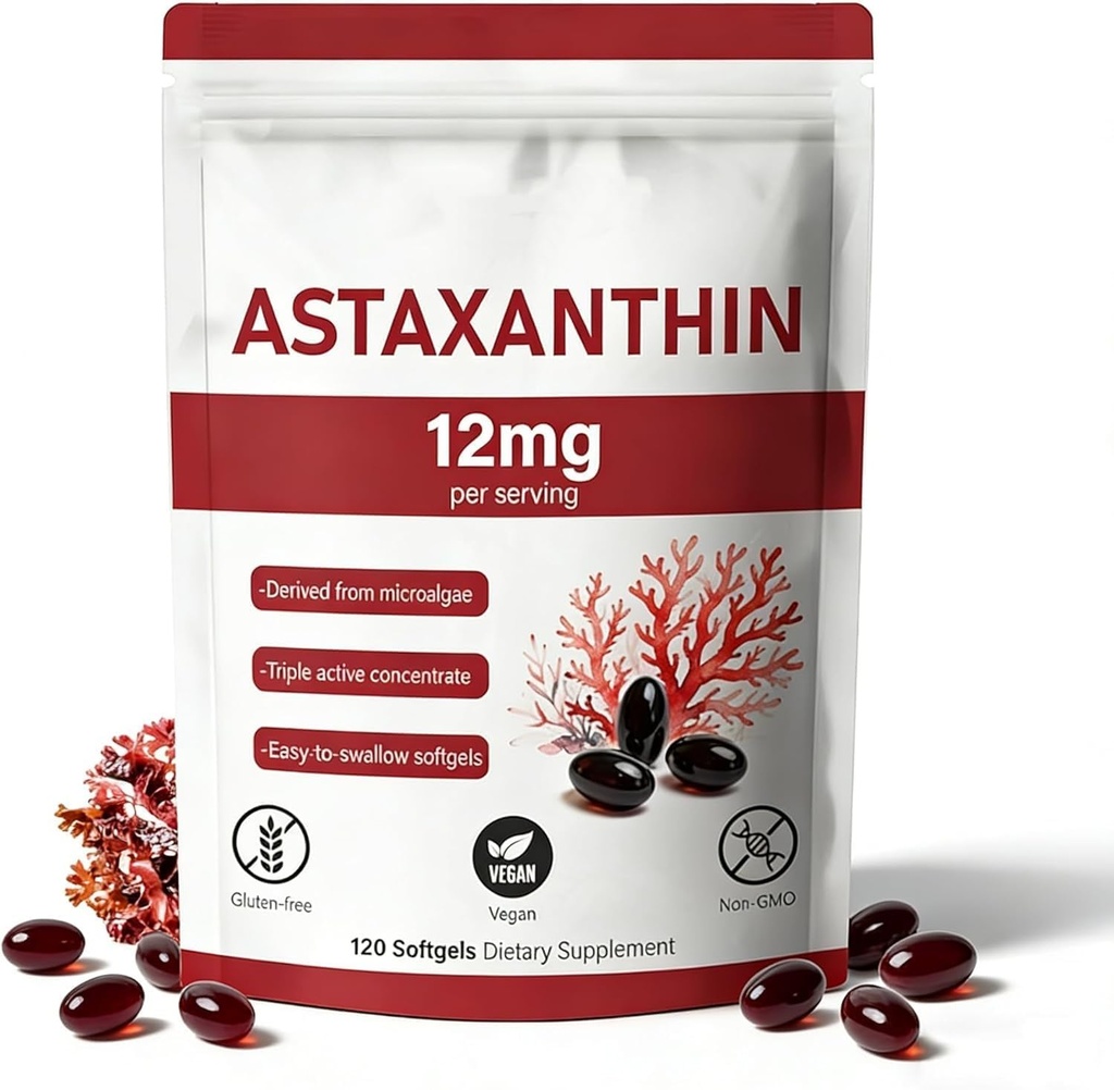 Astaxanthin 12mg, 120 Softgels, natürliche Mikroalgenquelle, nicht GMO Glutenfrei,4 Monat Versorgung