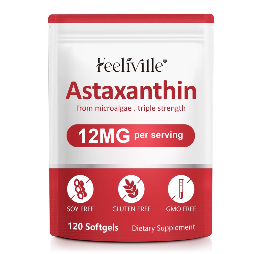 Premium Astaxanthin Ergänzungen 12mg 120 Softgels, Astaxanthin Antioxidans Ergänzung für Augen, Haut, Gelenk, Gehirn, Frische Mikroalgen Quelle für Herz und Immunsystem Gesundheit
