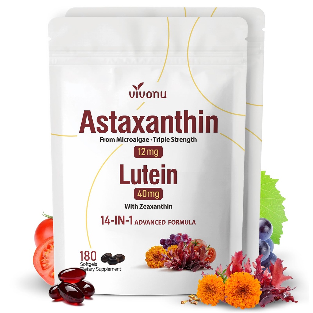 14-in-1 Astaxanthin 12mg & Lutein 40mg con Zeaxanthin Supplementi, 12 mesi di alimentazione, fresco Microalgae Fonte, Supporta Occhio, Pelle, Antiossidante, Giunto, Salute circolatoria, Non OGM, Senza glutine, 2 Bag