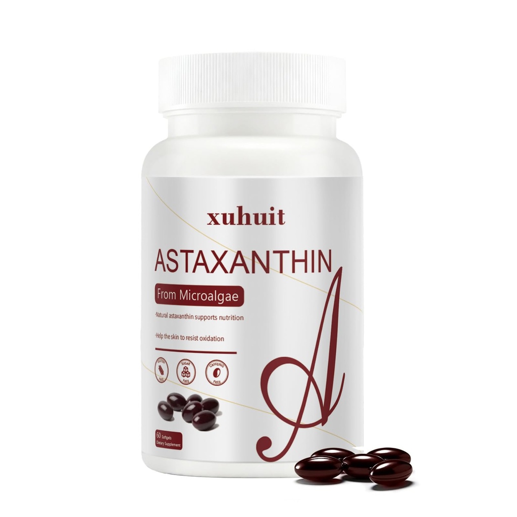 Astaxanthin 12mg 60 Softgels, Natürliche Antioxidantien-Ergänzung von Microalgae, Non-GMO, Soy Free, Unterstützt Hautgesundheit, Einfach zu Swallow Softgels, 2 Monate Versorgung (1)