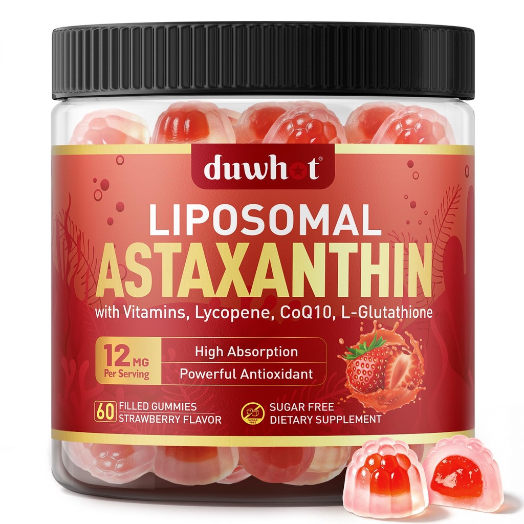 Astaxanthine liposomale Gummies, Astaxanthine organique 12mg suppléments avec lycopène, glutathion pour puissant antioxydant, plus vitamines et CoQ10 pour la santé des yeux, de la peau et des immunes, sans sucre, végétalien, 60