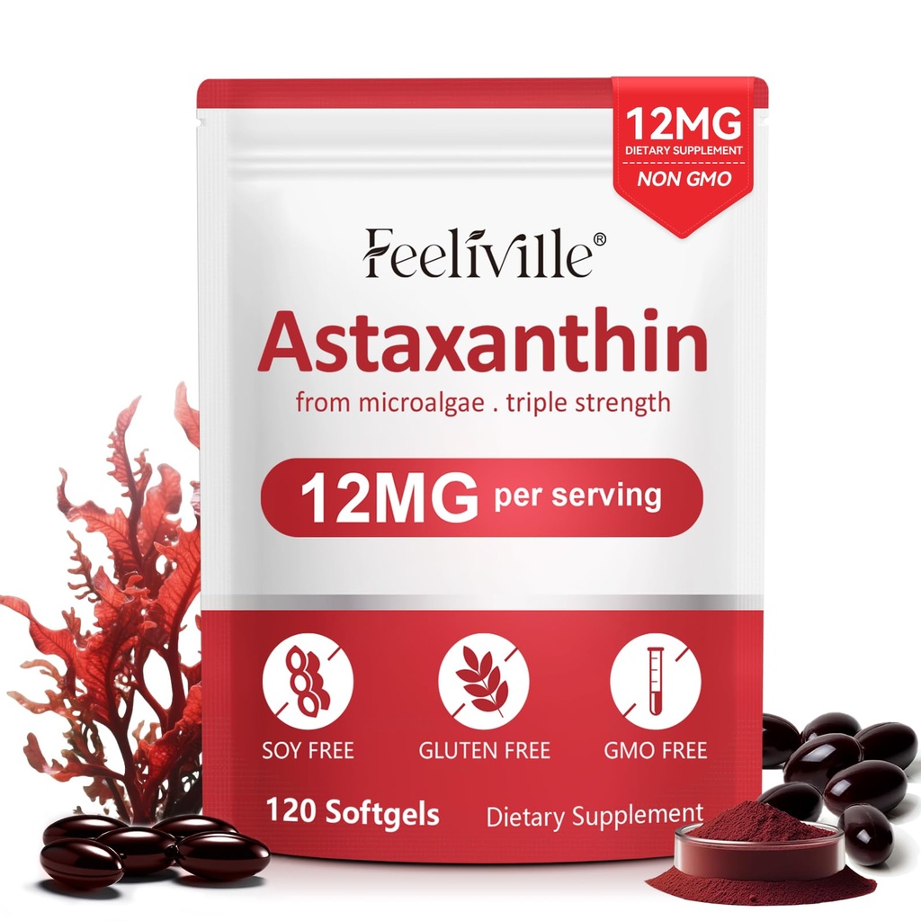 Astaxanthin Ergänzungen, Premium Astaxanthin 12mg Antioxidans mit antioxidativer Aktivität, Unterstützt Augen, Gelenk, Immune, Hautgesundheit, Interne Zirkulation, 1Pack(120 Softgels), Non-GMO & No Gluten