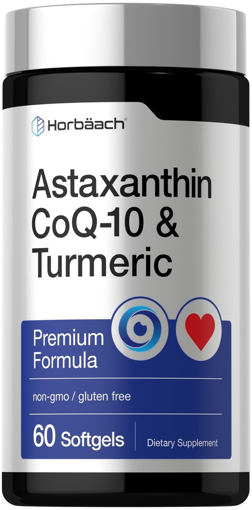 Horbäach Astaxanthin 12mg | con CoQ-10 & Turmeric | 60 Softgels | Formula Premium | Non OGM, Gluten Free Supplement