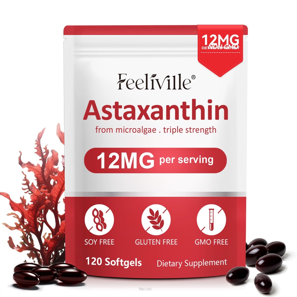 Astaxantina 12mg 120 Softgels, Integratori Antiossidanti Premium Astaxantina con Attività Antiossidante, Supporta Occhio, Pelle, Immune, Circolazione Interna