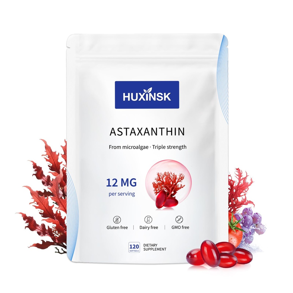 Astaxanthin 12mg Ergänzungen, 120 Softgel, Max Strength Astaxanthin Antioxidante Ergänzungen Form Frische Mikroalgen, 4 Monate Versorgung, Unterstützt Auge, Haut, Gelenk, Gehirn, Herz-und Immunsystem Gesundheit, 1 Tasche