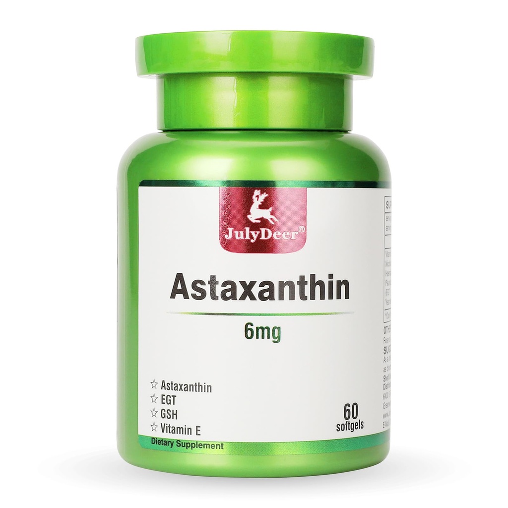 JuliDeer Astaxanthin 6 mg pro Servierung, 60 Softgels – Double Strength Microalgae – Natural Haematococcus Pluvialis Quelle – Antioxidante Ergänzungen für Haut, Augen, Gelenke und Immununterstützung – Non-GMO