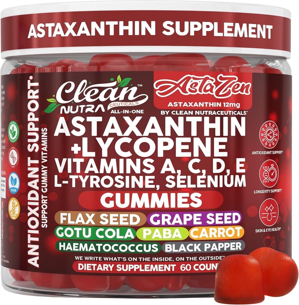 Saubere Nutraceuticals AstaZen Astaxanthin Gummi 12mg - mit Lycopin, Vitamine A C D E, L-Tyrosin & Selen - Antioxidante Stützgummis - 60 Count