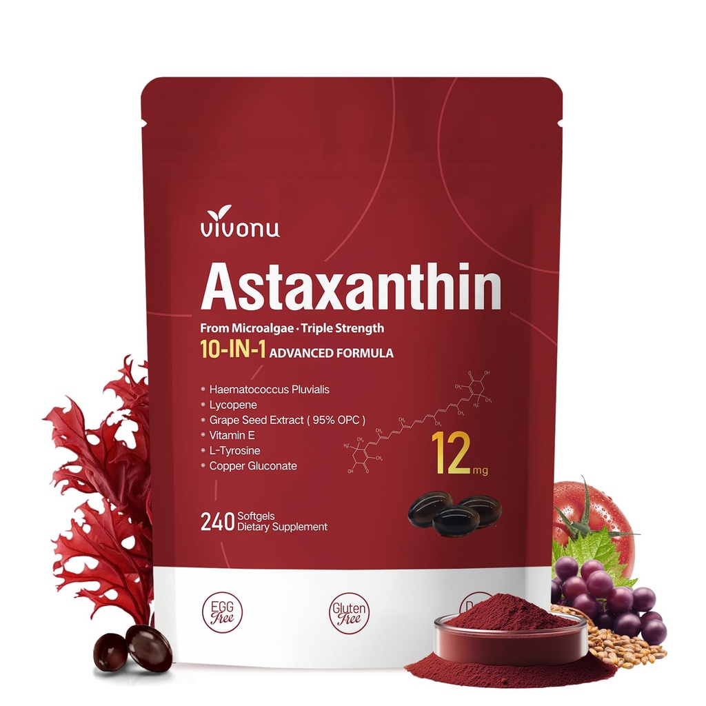 VivoNu Astaxanthin 12mg Integratori, 240 Softgels, Fresco Haematococcus Pluvialis 10 in 1 Astaxantina Antiossidante Integratori, Supporta Occhio, Pelle, Giunto, Cervello, Cuore e Salute del sistema immunitario