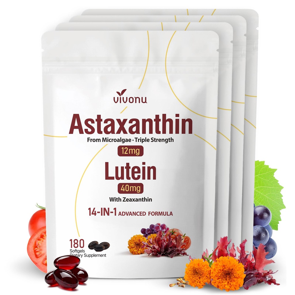 14-in-1 Astaxanthin 12mg & Lutein 40mg con Zeaxanthin Supplements, 24 mesi di alimentazione, fresco Microalgae Sorgente, Supporta Occhio, Pelle, Antiossidante, Giunto, Salute circolatoria, Non OGM, Senza glutine, 4 Bag