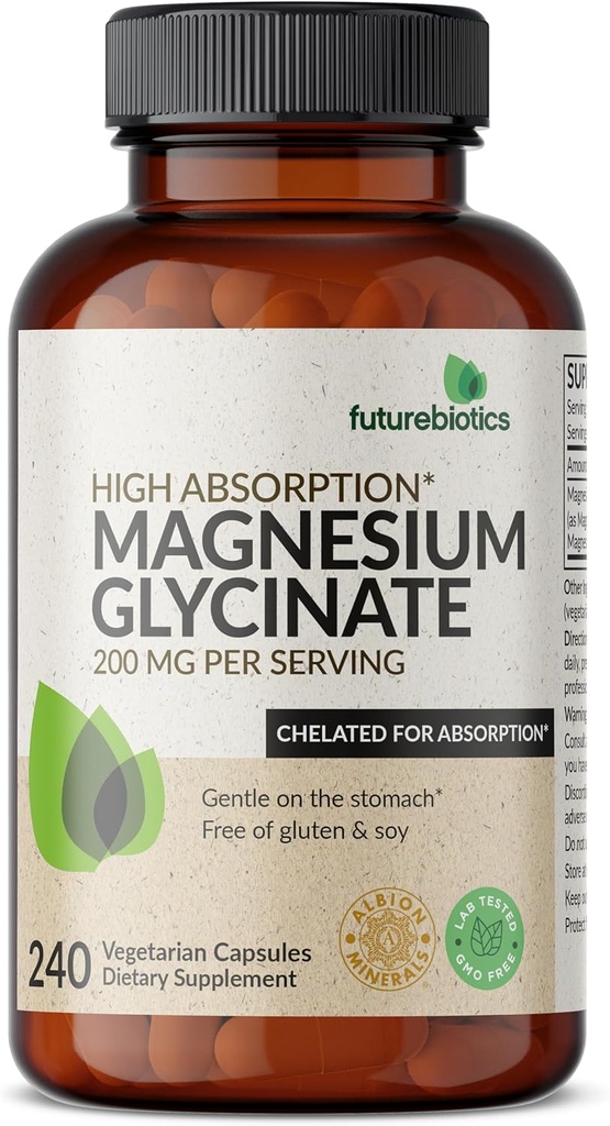 Futurebiotici Magnesio Glycinate 200 MG per Serving Chelated for High Absorption, Gentle On Stomach, Non OGM, 240 capsule vegetariane
