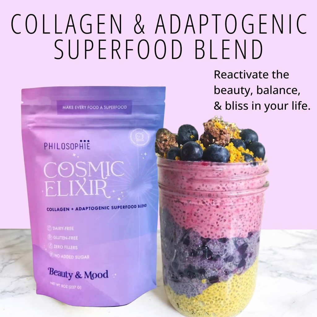 Filosofia Cosmic Elixir Collagen Superfood Blend with Adaptogens – Polvere organica e non zuccherata per la salute del fegato, equilibrio dell'ormone, supporto misto & vitalità della pelle – 32 Serve