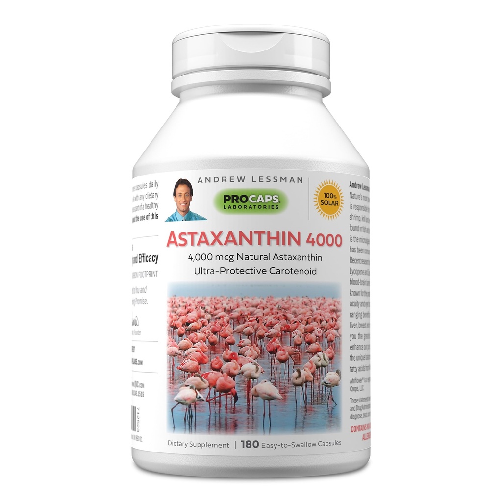 ANDREW LESSMAN Astaxanthine 180 Softgels - 4000 mcg Astaxanthine naturelle, puissant caroténoïde anti-oxydant. Protection des yeux, du cœur, de la peau et plus encore. Pas d'additifs. Facile à avaler Softgels