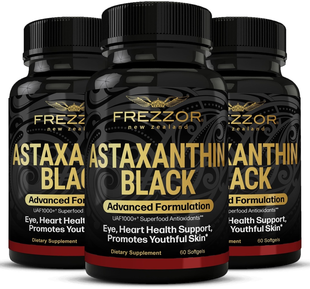 FREZZOR Astaxanthin Schwarz mit UAF1000+ Super Antioxidant, unterstützt Herz-, Augen- und Hirngesundheit, Anti-Aging Skincare & Cellular Protection, 12mg Astaxanthin pro Serve, 180 Softgels, 3 Monate Versorgung