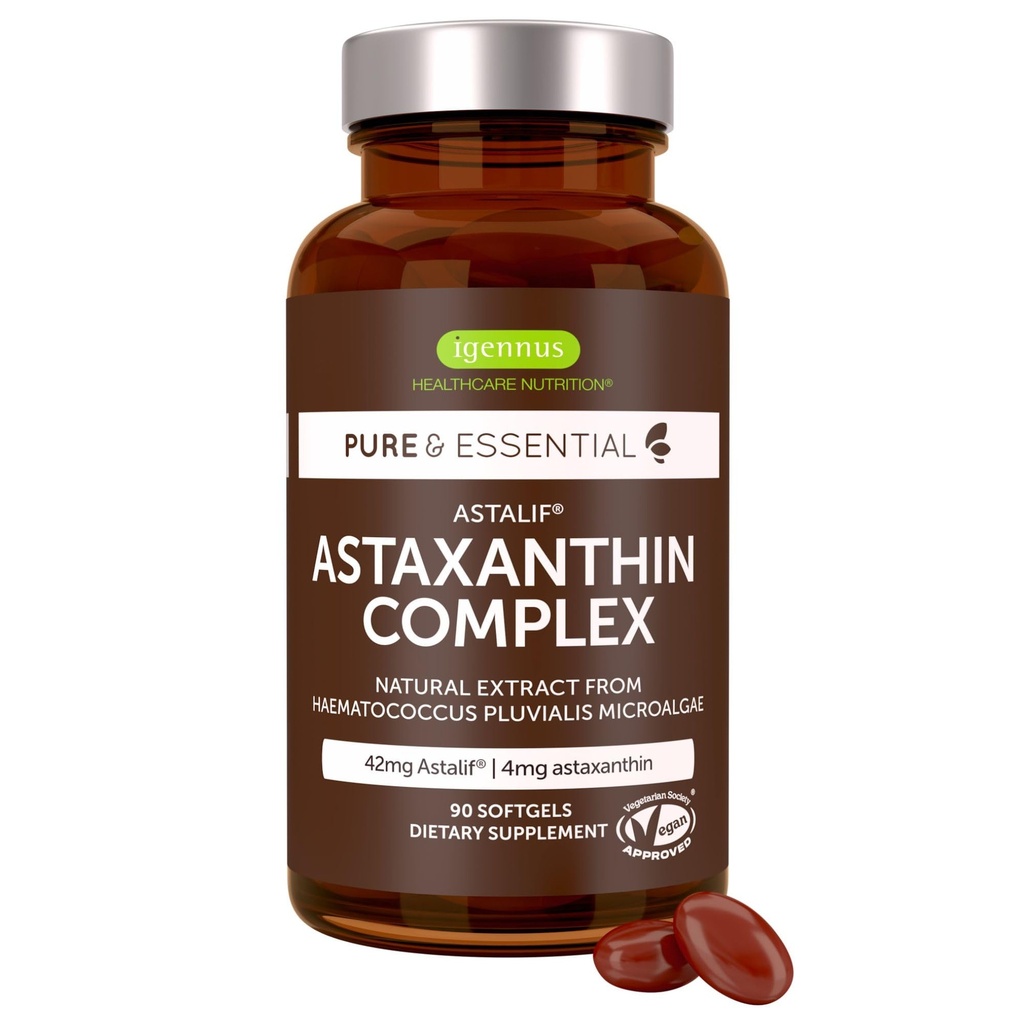 Igennus Vegan Astaxanthin 4mg Komplex mit Lutein und Zeaxanthin, 90 Small Softgels, von 42 mg Astapure, natürliches Algen Antioxidans für Augen, Haut und Gelenke, Non-GMO, H. Pluvialis