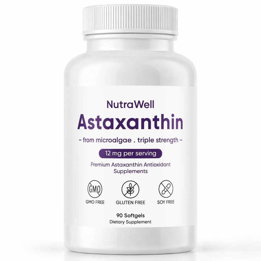 Nutrawell Astaxanthin - Tägliche Antioxidante Wellness-Ergänzung mit natürlich bezogenen Astaxanthin Saubere Formel für aktive Erwachsene Lifestyle Einfach zu nehmen Kapseln - 90 Softgels (1)