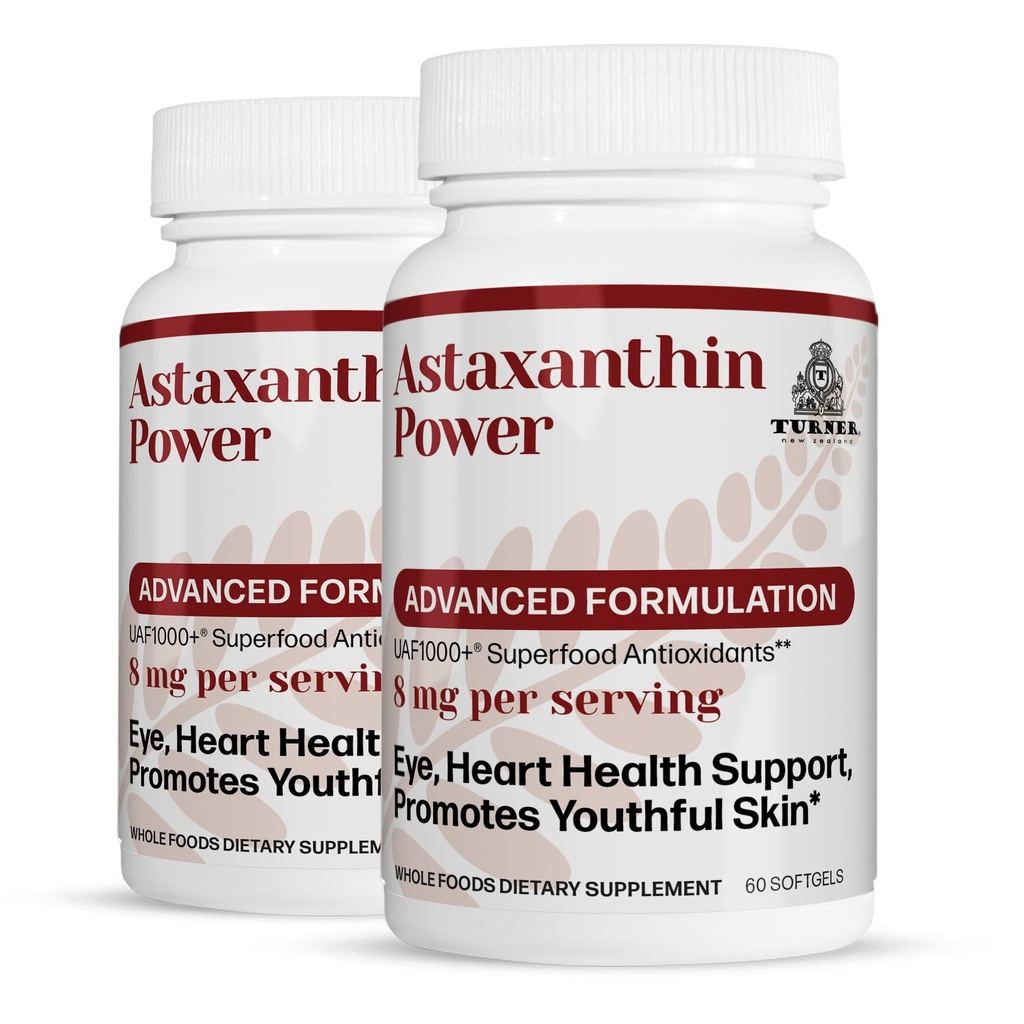TURNER Nouvelle-Zélande Astaxanthin Puissance avec UAF1000+, Supplément antioxydant, 12mg Astaxanthin, 60 portions, 2 bouteilles