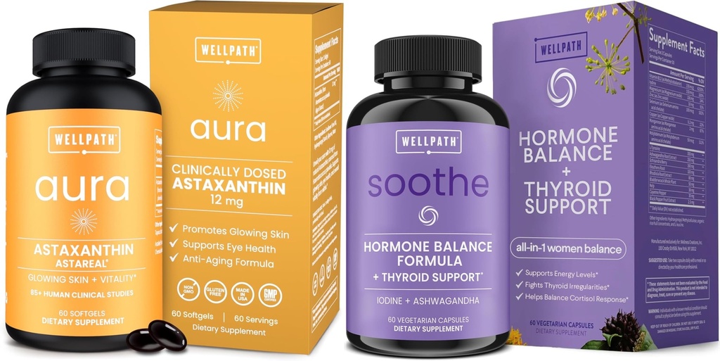 WellPath Astaxanthin 12mg – Suppléments naturels d'astaxanthin de Microalgues et Soothe Hormone Balance pour les femmes + Suppléments de cortisol pour les femmes