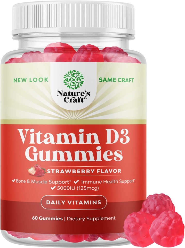 Vegan Vitamina D3 Gummies per Adulti - Vitamina D3 5000 IU Natural Gummy Vitamine per Men e Donne Immunità Joint Support Plus Teeth - Gelatin Free Non OGM Delicious Strawberry Flavor