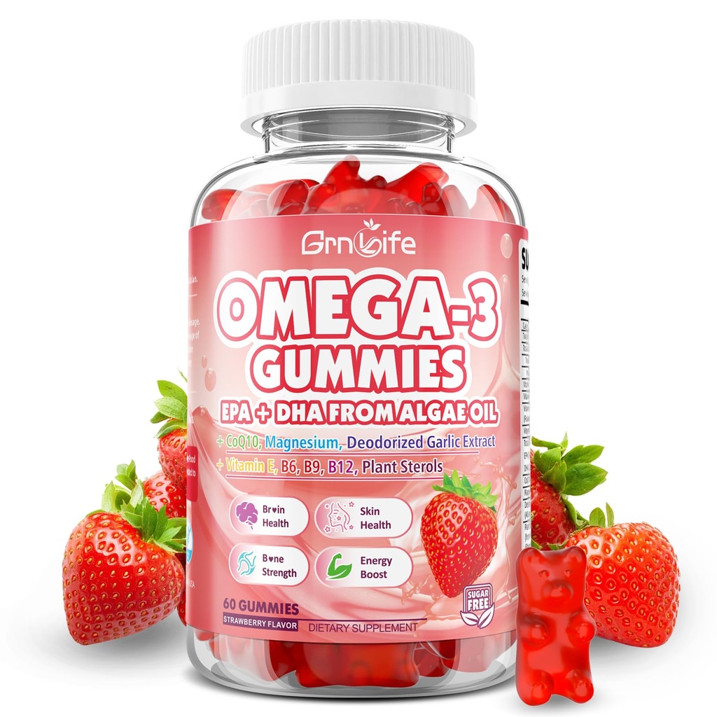 Vegan Omega 3 Gummie 1000mg + CoQ10 + Magnesium - w/Algae EPA 600mg & DHA 400mg, Fischöl Omega-3 Ergänzungen Alternative für Erwachsene, für Gehirn, Auge, Immune Gesundheit, Erdbeeren Geschmack, 60 Zähler