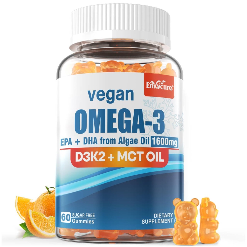 Vegan Omega 3 Gummies 1280mg + Vitamin D3 K2 (MK7), Omega 3 Fischöl Alternative für Erwachsene, w / Algen EPA 600mg & DHA 400mg, MCT Öl - Kein Fischgeschmack - für Gehirn, Auge, Immungesundheit, Zuckerfrei, 1 Packung