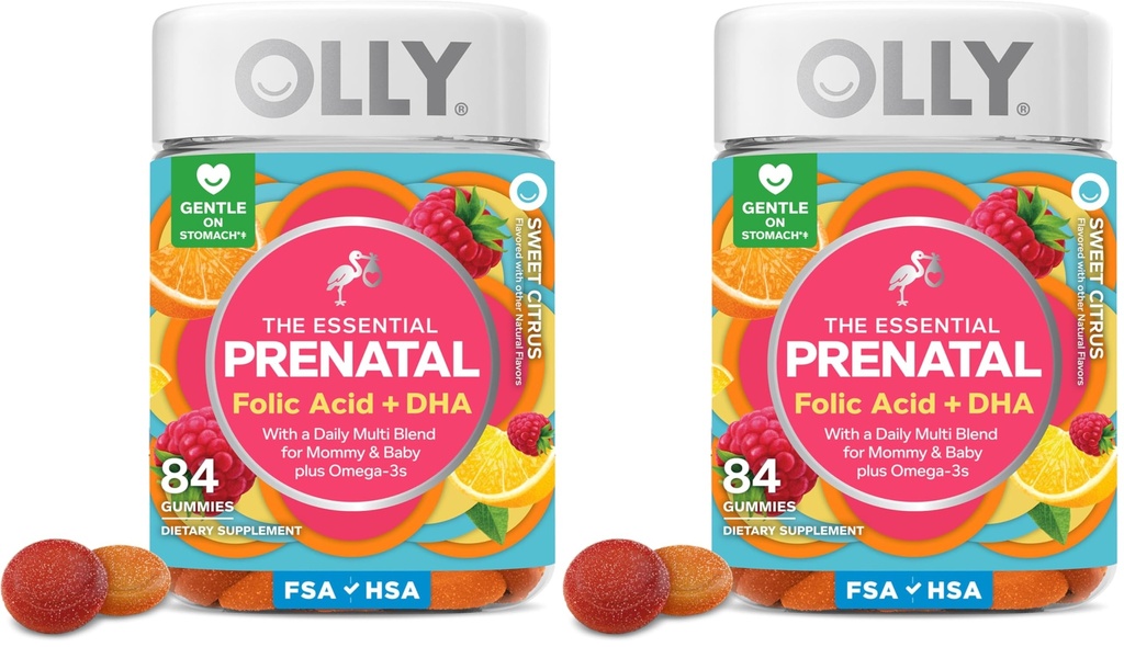 OLLY Essential Prenatal Gummy Multivitamin,Folsäure,Vitamin D,Omega 3 DHA,Supports Gesundes Wachstum und Gehirnentwicklung,Citrus Berry -,84 Count (Pack von 2)
