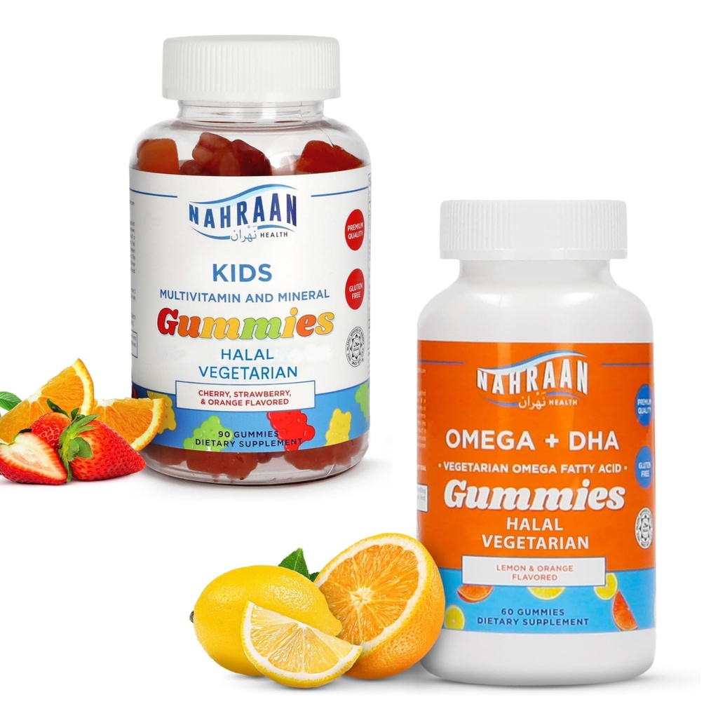 Halal Multivitamine für Kinder (90 Count) & Halal Omega 3 Gummi für Erwachsene & Kinder (60 Count) - Non-GMO, Vegetarisch, Gluten Free Halal Gummies