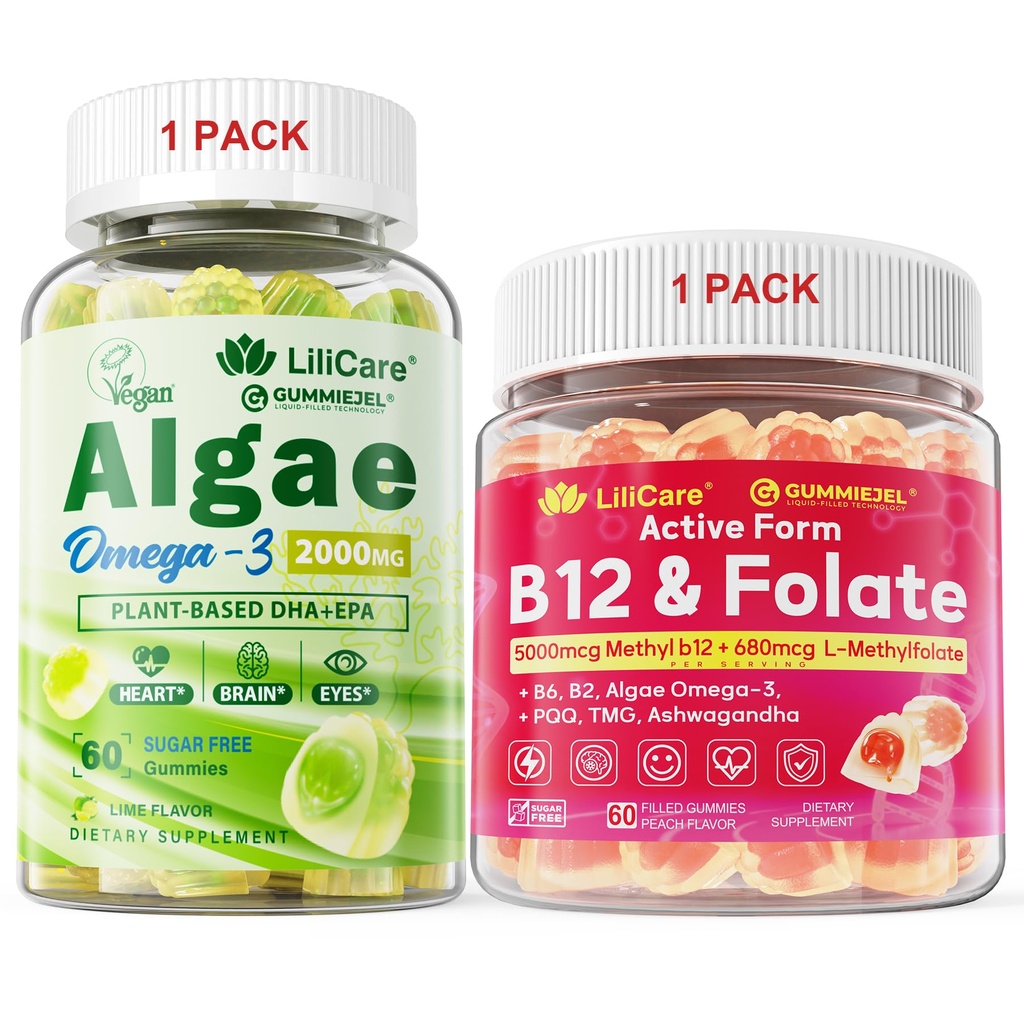 Bundle: Algae Omega 3 Gummies 1 Pack Methyl B12 + L-Methylfolat Gummies 1 Pack