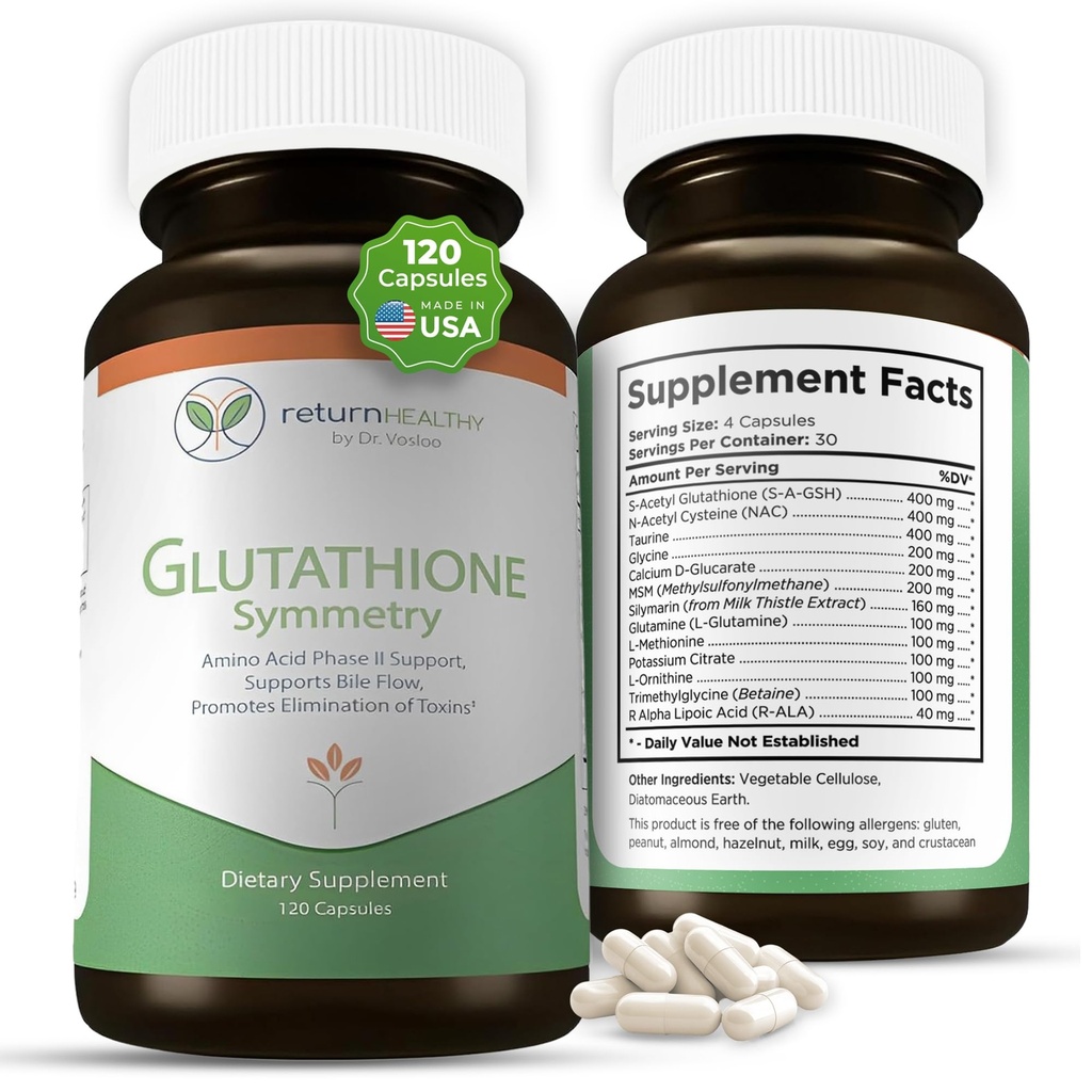 Glutathion Symmetrie | S-Acetyl Glutathion Ergänzung | Antioxidantien und Entgiftungsergänzung | Natürliche zelluläre Unterstützung | All-Natural, Vegan, Non-GMO, 120 Kappen