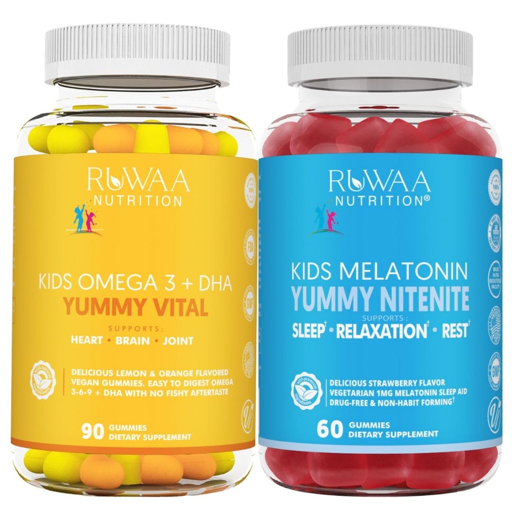 RUWAA NUTRITION Omega 3 Gummie, DHA Gummies und 1mg Melatonin Gummies | No Fish, No After-Taste, Non-Habit Forming, Gluten Free, Non-GMO, Made in USA.