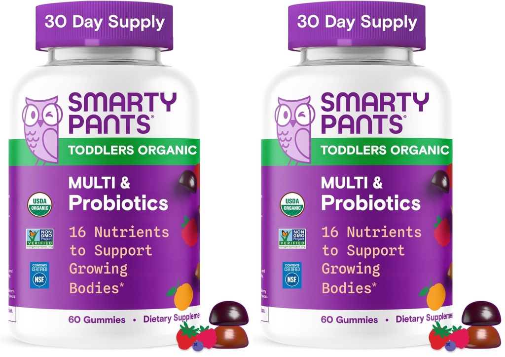 SmartyPants Organic Toddler Multivitamine Gummies: Probiotiques, Omega 3 (ALA),Vitamine D3,C,Vitamine B12,B6,A,K&Zinc,Beta Carotène,Sans gluten,Trois arômes de fruits, (30 jours d'approvisionnement),60 Compte (paquet de 2)