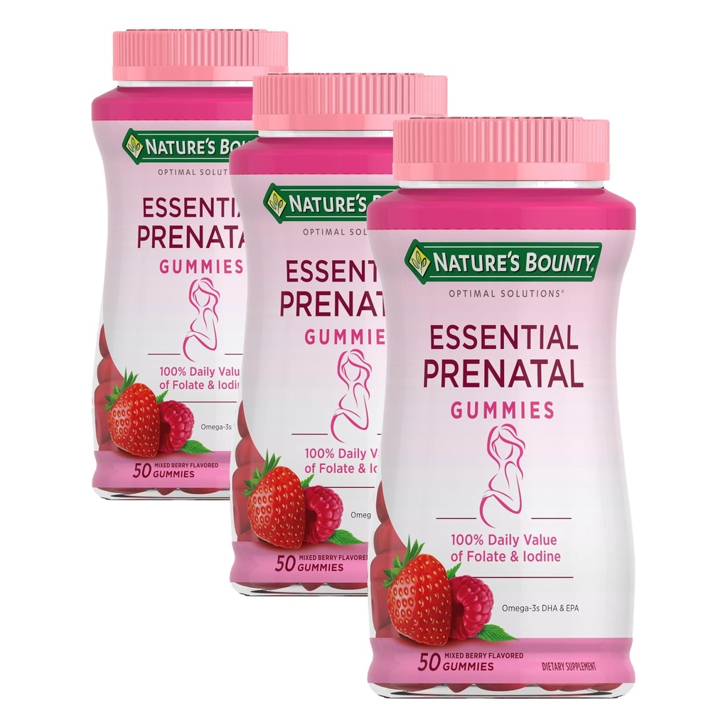 Nature's Bounty Optimal Solutions Essential Prenatal Gummies,Folic Acid and Iodine,Omega 3 and DHA,25 Servings,50 Count (Pack of 3)