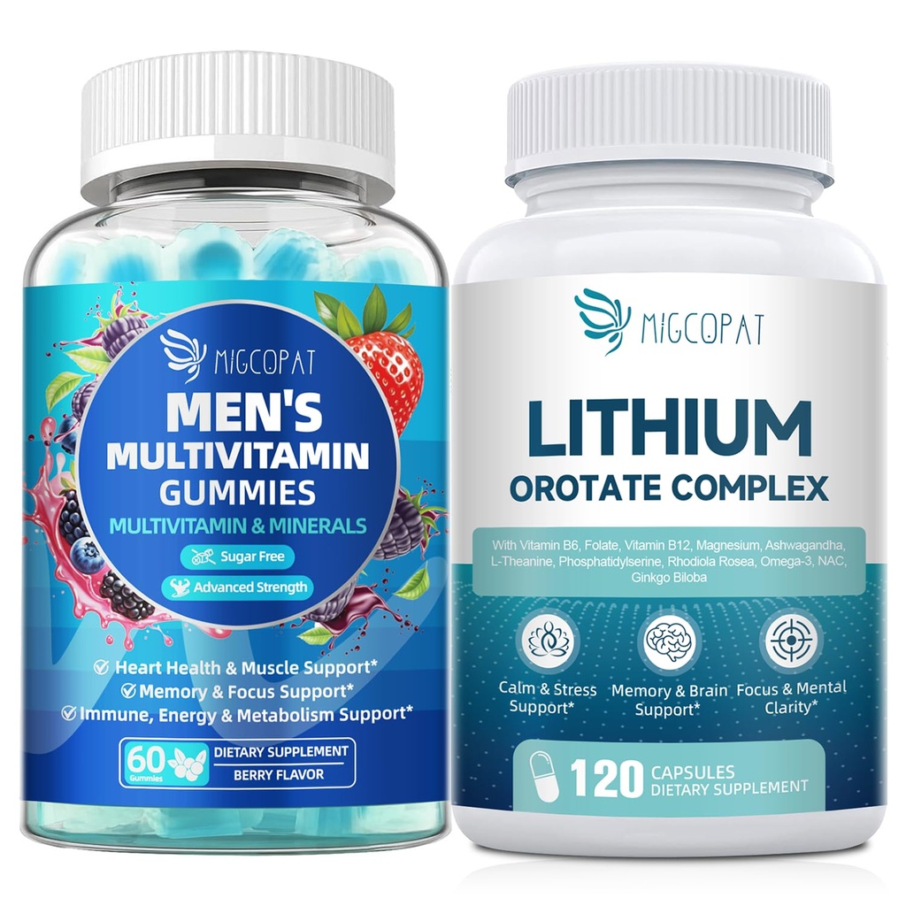 Migcopat Multivitamin Gummies & Lithium Orotate Complex Bundle, Omega-3, Magnesio
