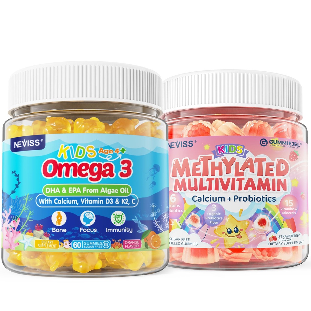 Kinder Methylated Multivitamin-Gummien mit Calcium, Probiotika + Omega 3 Gummis mit Vitamin D3 & K2, C, DHA