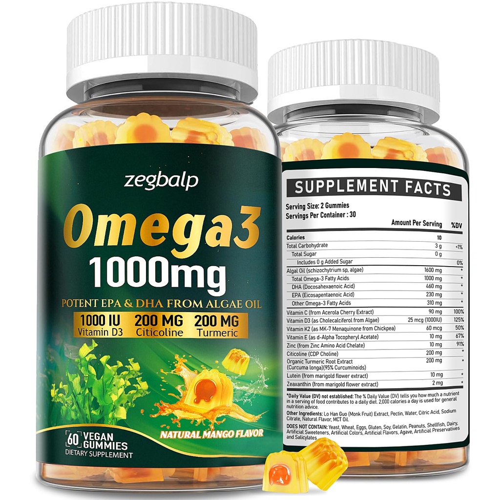 Omega-3-Ergänzungsgummis für Damen und Herren - 1000mg Vegan Omega3 DHA & EPA mit Kurkuma, Vitamin D3, K2, Citicoline für Gesamtgesundheit - Algenöl Omega 3 Fettsäuren-Ergänzungen, Zuckerfrei