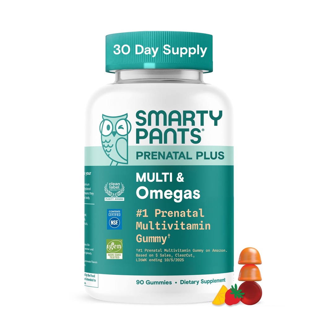 SmartyPants Prenatal Multivitamin Gummis mit Omega 3 DHA/EPA, Methylfolat, Biotin, Vitamine D3, C, B12, B6, A, K und Zink, Glutenfrei, Clean Label, Two Fruit Flavors, 90 Gummies (30 Tage Versorgung)