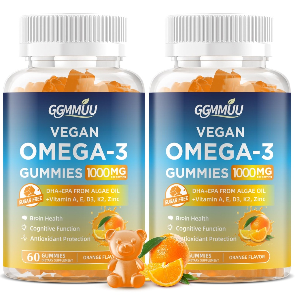 2 Pack Vegan Omega 3 Gummies 1000MG Algal Öl Omega 3 Beilage für Erwachsene mit Algae DHA 600mg & EPA 300mg Fischöl Alternative - für Augen- und Immungesundheit, Orange Flavor, 120 Zähler