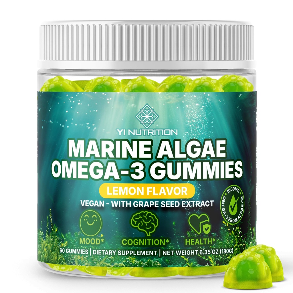 Marine Algae Omega 3 Gummie mit 3400mg+ | DHA/EPA/ALA, 20:1 Trauben Seedextrakt, Vitamin C & Folate | Herz, Gehirn & Haut | Plant-Based, Sugar-Free, 60 Ct