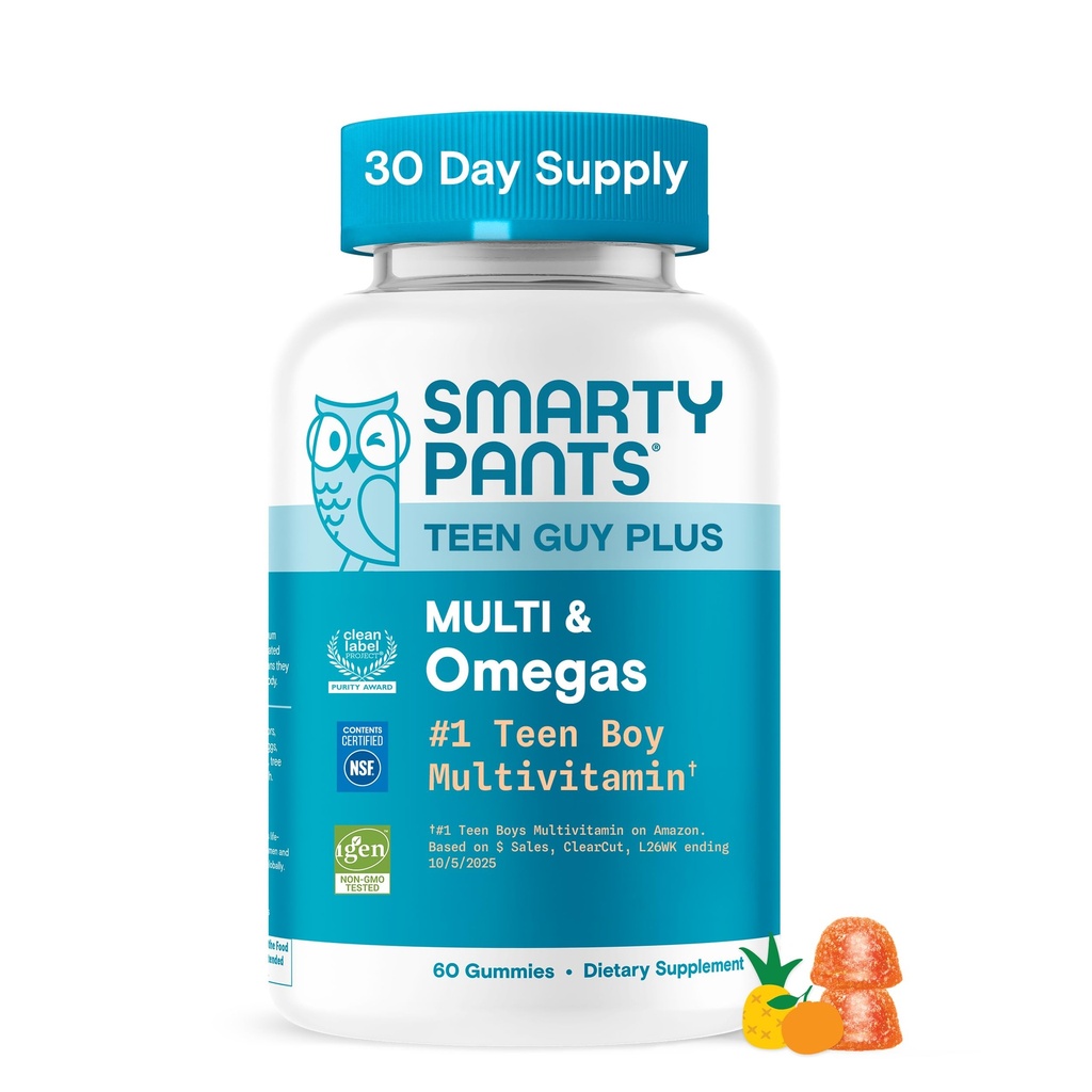 SmartyPants Teen Guy Plus Multi & Omega Multivitamin Gummies con Omega 3 DHA/EPA, Vitamine D3, C, B12, B6, A, K, Zinco, Folate, Gluten Free, Etichetta pulita, Ananas Arancio, 60 Gummies (30 giorni di alimentazione)