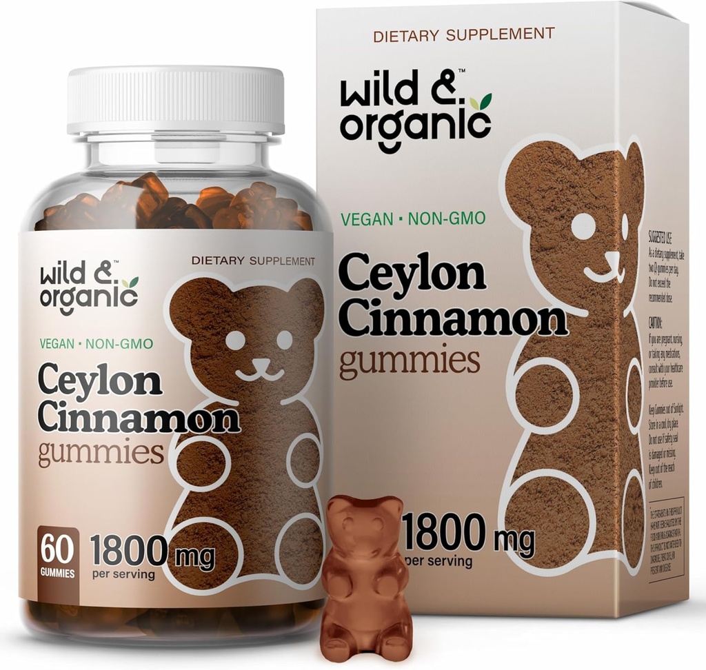 Selvatico e organico Ceylon Cannella Gummies 1800mg - Antiossidanti Supporto w / Cannella, Radice curcuma, Ginger - 60 Vegan, non OGM Chews