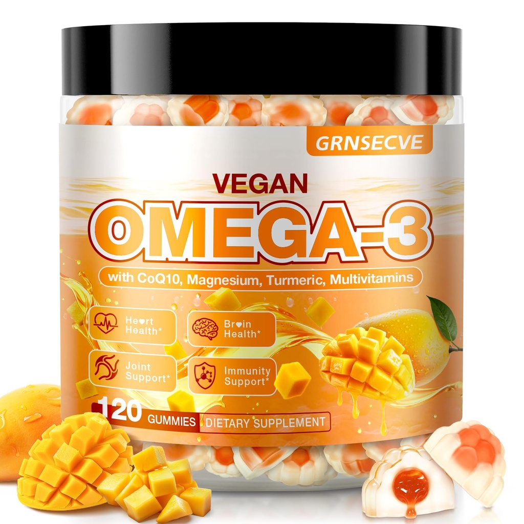 Vegan Omega-3 Gummie - Fischöl Omega 3 Ergänzungen Alternative für Erwachsene - Algae DHA 600mg & EPA 400mg, Vitamin D3 K2 - Kein Fisch Geschmack - für Gehirn, Auge, Immununterstützung - Zuckerfrei,120 Zähler