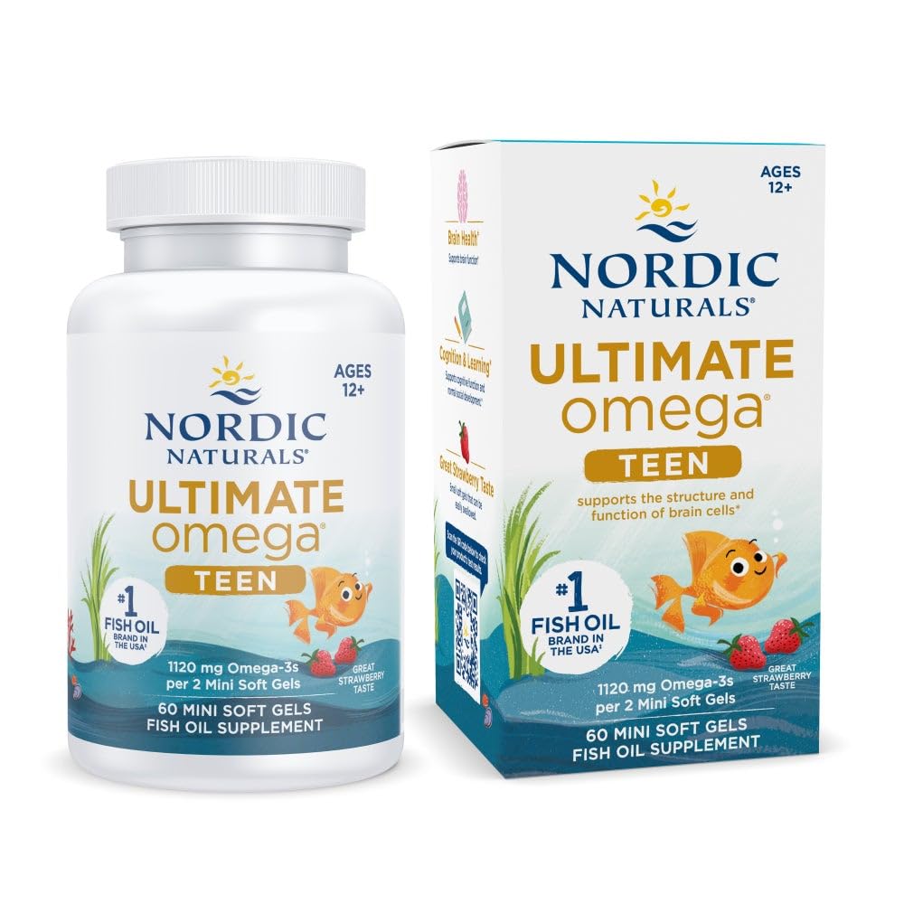 Nordic Naturals Ultimate Omega 2X Teen, Erdbeeren - 60 Mini Soft Gels - 1120 mg Gesamt Omega-3s mit EPA & DHA - Gehirngesundheit, positive Stimmung, soziale Entwicklung, Lernen - Nicht-GVO - 30 Portionen