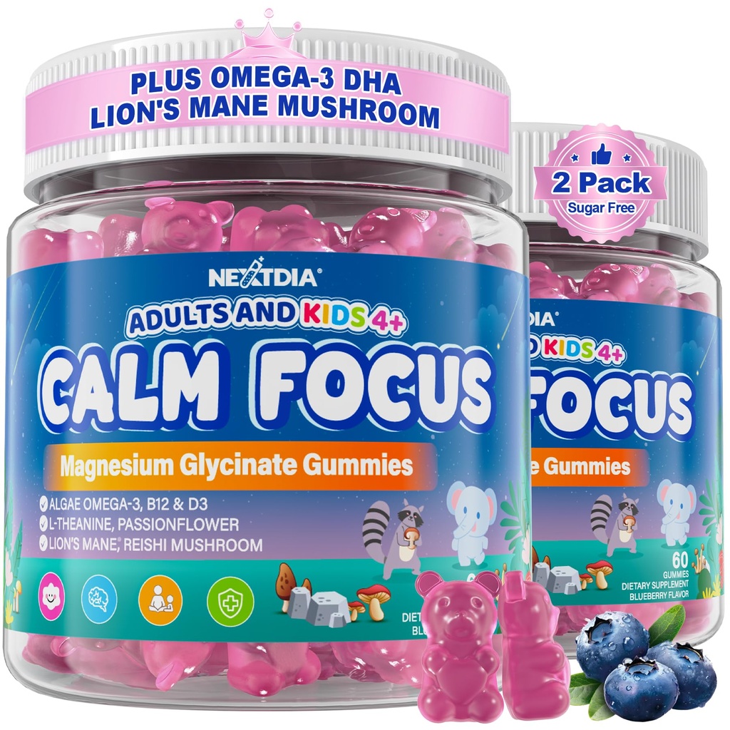 Focus Gummies for Kids & Adults, w/Magnesium Glycinate, Omega-3 DHA, Lion's Mane, L-theanine, Methyl B12 & Vitamin D3, Brain Supplement Support Calm, Sleep, Attenzione, Concentrazione e Memoria, 120Ct