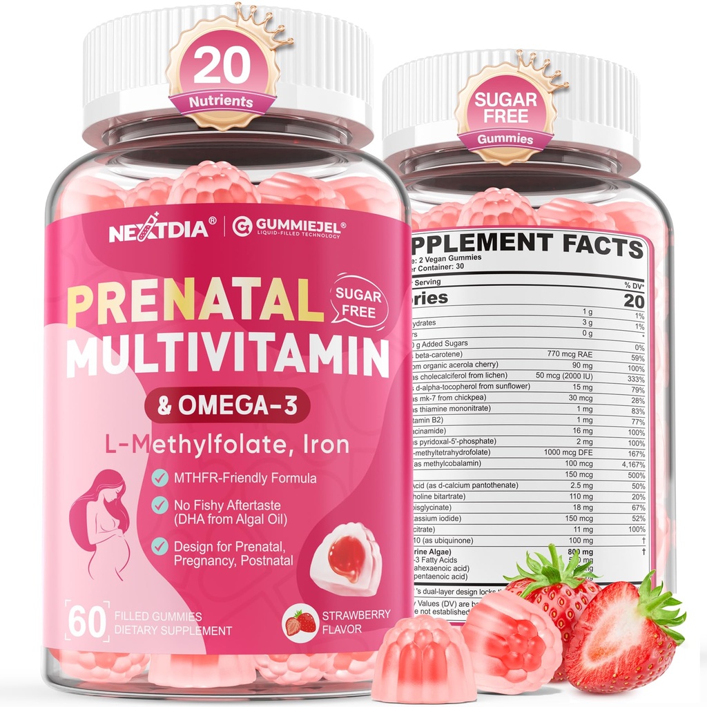 Vitamines prénatales pour les femmes Gommies, Méthylfolate 1mg, Oméga végétalien 3 DHA 800mg, Fer, Choline, Iodine, Vitamine D3 B6 B12 - Multivitamine pour les femmes avant, pendant et après la grossesse, sans sucre, 60 Nombre